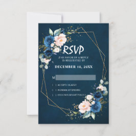 Cartão RSVP Romântico Azul Naval Rosa Floral Geométrico