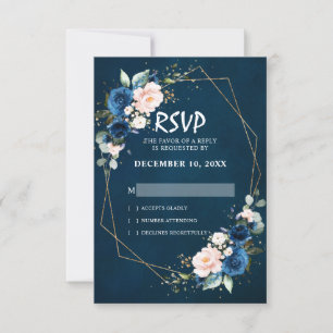 Cartão RSVP Romântico Azul Naval Rosa Floral Geométrico