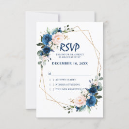 Cartão RSVP Romântico Azul Naval Rosa Floral Geométrico