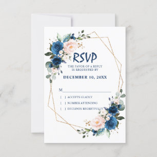 Cartão RSVP Romântico Azul Naval Rosa Floral Geométrico