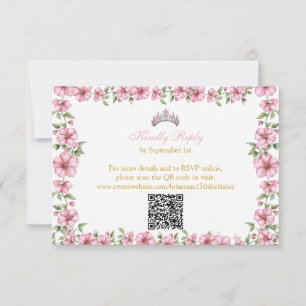 Cartão RSVP Rosa Bege Dourado Mis Quince Floral Quinceañera