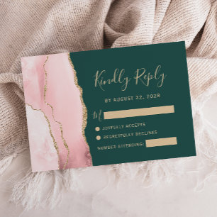 Cartão RSVP Rosa Bege Ouro Ágata Esmeralda Verde Casamento