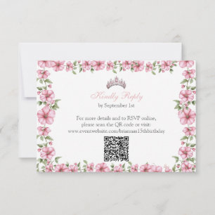 Cartão RSVP Rosa Bege Prata Minha Quinze Floral Quinceañera