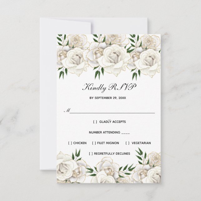 Cartão RSVP Rosa Branca Dourada Floral Formal Elegante Respost (Frente)