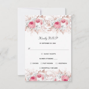 Cartão RSVP Rosa Branco Dourado Rosa Floral Formal Elegante Ca