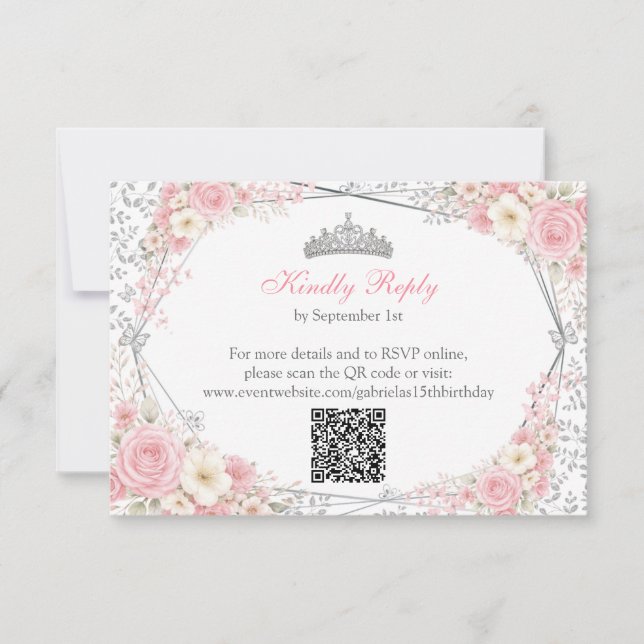 Cartão RSVP Rosa Corado de Quinze Anos Borboleta Prata (Frente)