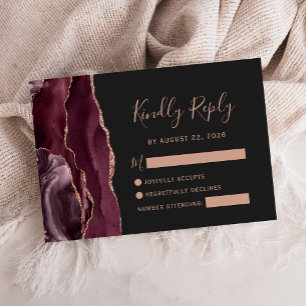 Cartão RSVP Rosa de Borgonha Dourado Ágata Casamento Escuro