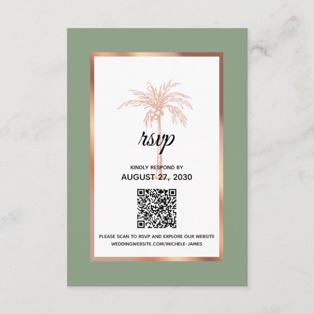 Cartão RSVP Rosa de Sage Dourado Copper Palm Tree Código QR Ca (Frente)