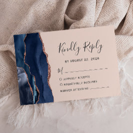 Cartão RSVP Rosa Dourada Azul Naval Ágata Beijo de Casamento R
