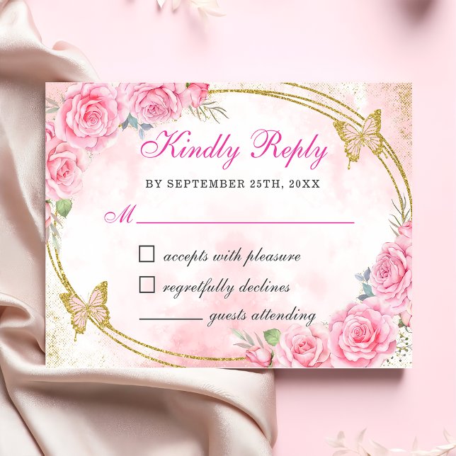 Cartão RSVP Rosa Dourada Quinceanera Miss Quince 15 Anos Anive (Criador carregado)