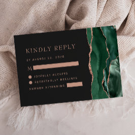 Cartão RSVP Rosa Dourada Verde Esmeralda Casamento Escuro