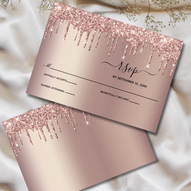 Cartão RSVP Rosa Dourado Coleta Glitter Coloca Casamento Elega (Rose Gold Dripping Glitter Wedding RSVP card )