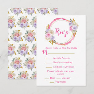 Cartão RSVP Rosa e Roxo Elegantes Flores Sweet Sixteen