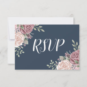Cartão RSVP Rosa Empoeirada Naval Floral Aquarela Rústica