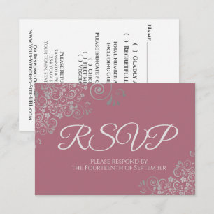 Cartão RSVP Rosa Empoeirado Lilás Rosa Elegante Renda Prata Ca