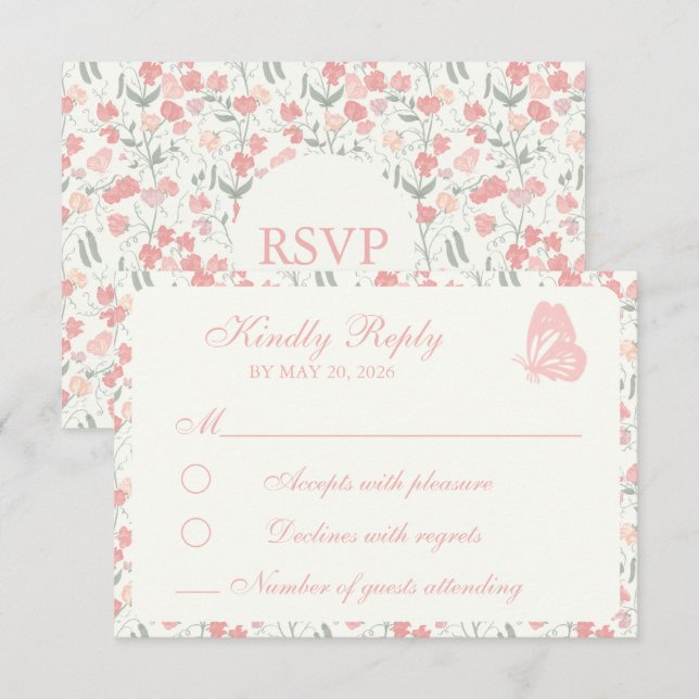 Cartão RSVP Rosa Floral e Creme de Ervilha doce (Frente/Verso)