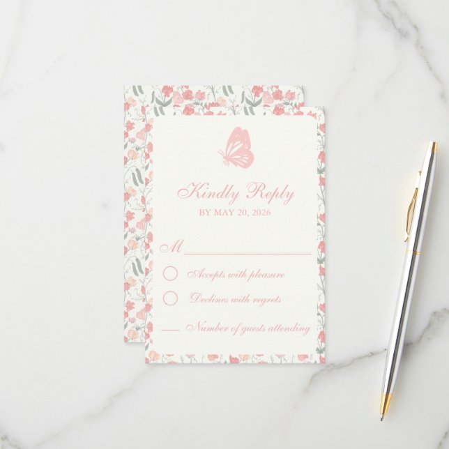 Cartão RSVP Rosa Floral e Creme de Ervilha doce (Frente/Verso In Situ)