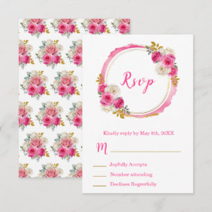 Cartão RSVP Rosa Quente e Flores Elegantes de Ouro Doce Dezess