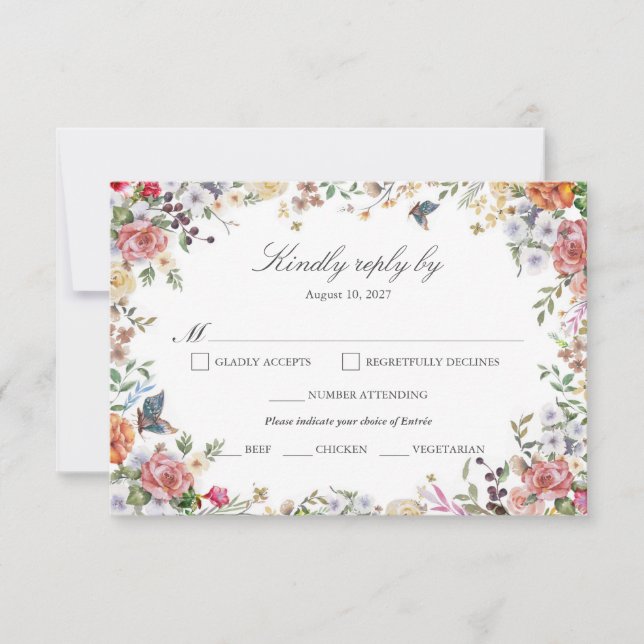 Cartão RSVP Rosa Romântica Elegante Elegante de Jardim Aquarel (Frente)