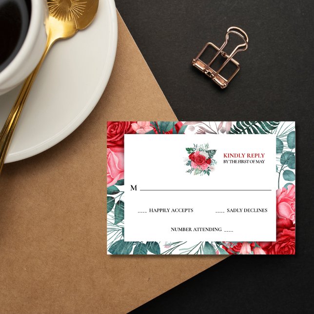 Cartão RSVP Rosa vermelha Casamento de Aquarela (Criador carregado)