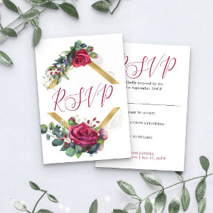 Cartão RSVP Rosa Vermelha e Eucalipto Elegante Quinceanera