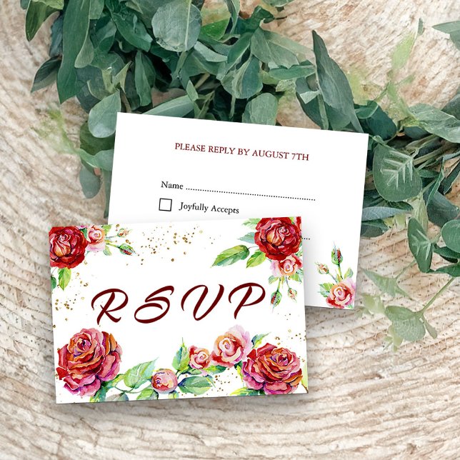 Cartão RSVP Rosa vermelha Elegante Garlands Aquarela Branco Fl (RSVP cards from my Vintage Floral Red Roses Quinceanera Collection)