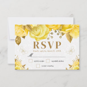 Cartão RSVP Rosas Amarelas e Douradas de Aquarela Casamento