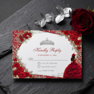 Cartão RSVP Rosas Aquarela Vermelhas e Prata Quinceañera