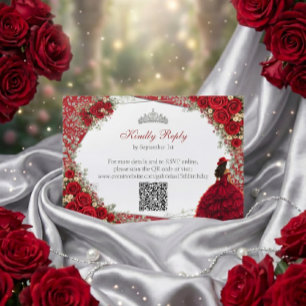 Cartão RSVP Rosas Aquarela Vermelhas e Prata Quinceañera Verme