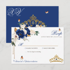 Cartão RSVP Rosas azuis Dourados Tiara Quinceanera