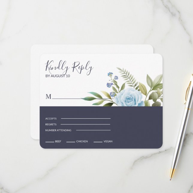 Cartão RSVP Rosas azuis elegantes (Frente/Verso In Situ)