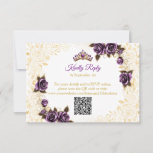Cartão RSVP Rosas Borboletas Tiara Dourada Roxa Quinceañera