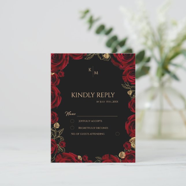 Cartão RSVP Rosas Borgonha Casamento Boho (Em pé/Frente)