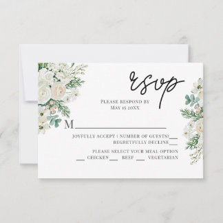Cartão RSVP Rosas Brancas de Inverno, Cornizo e Casamento de A