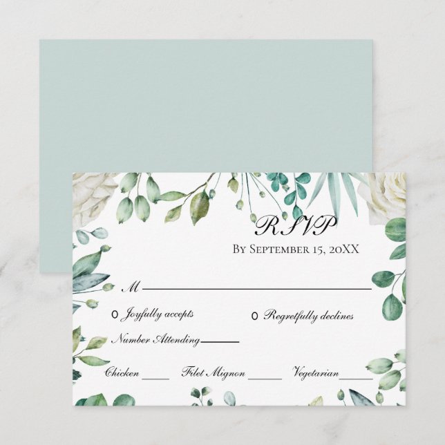 Cartão RSVP Rosas Brancas Eucalipto Botânico Casamento   (Frente/Verso)