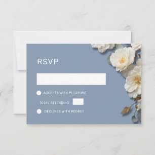 Cartão RSVP Rosas Brancas Flores 3D Azul Empoeirado