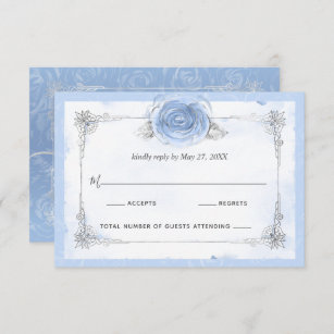 Cartão RSVP Rosas de Azul-Bebê-Prata Elegante