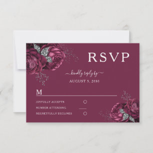 Cartão RSVP Rosas de Borgonha Floral Casamento Elegante