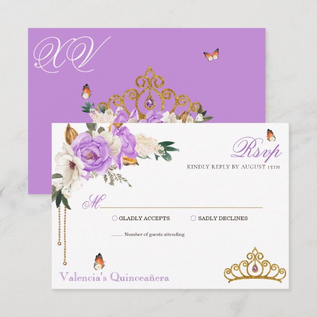 Cartão RSVP Rosas de lavanda Dourada Gemstone Tiara Quinceaner (Frente/Verso)