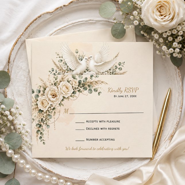 Cartão RSVP Rosas de Marfim Elegantes com Verduras e Pérolas | (Criador carregado)