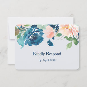 Cartão RSVP Rosas do pêssego do azul de índigo que Wedding