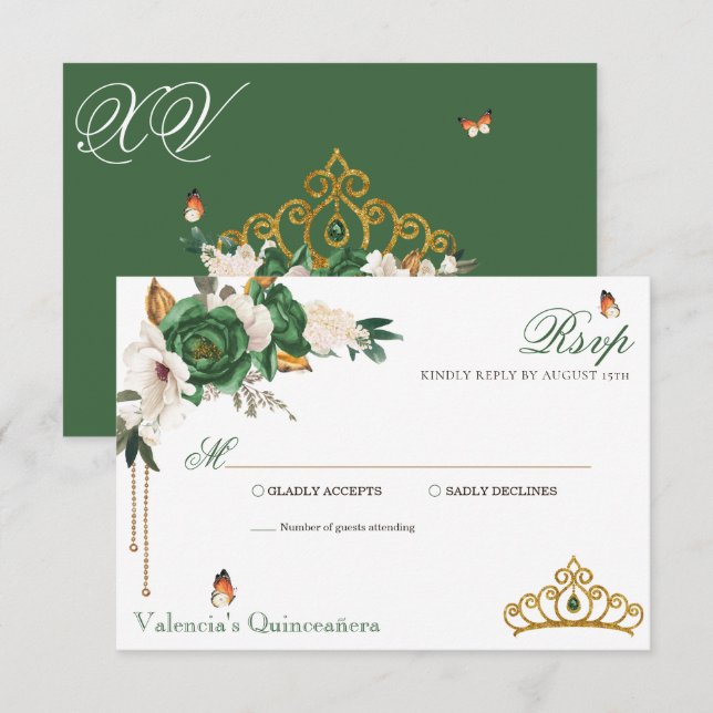 Cartão RSVP Rosas Dourados verdes Elegantes Dourados Tiara Qui (Frente/Verso)