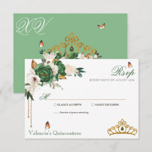 Cartão RSVP Rosas Dourados verdes Elegantes Dourados Tiara Qui