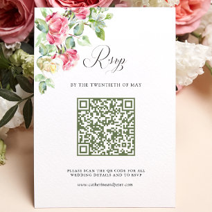 Cartão RSVP Rosas em Aguarela Rosa Coradas Código QR Casamento