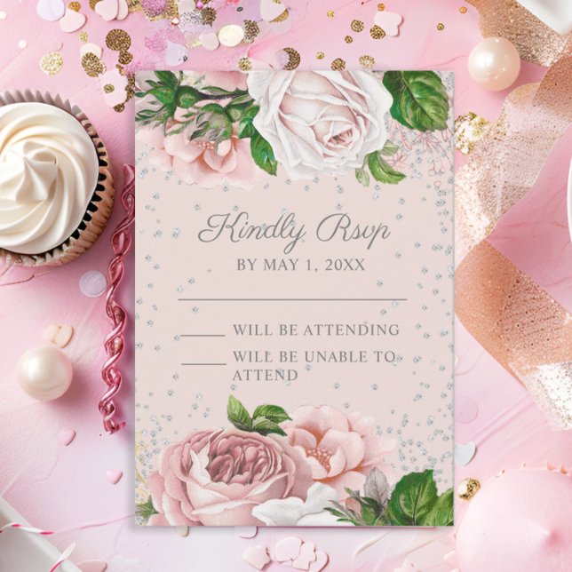 Cartão RSVP Rosas Florais Cor-de-Rosa Brilho Prateado  (Blush pink roses and silver glitter Sweet 16 RSVP)