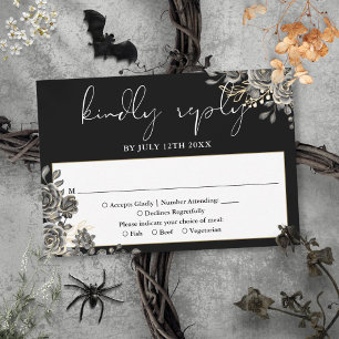 Cartão RSVP Rosas Florais Góticas Preto e Branco Casamento