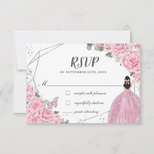 Cartão RSVP Rosas Florais Rosa-Chic Silver Quinceañera Princes