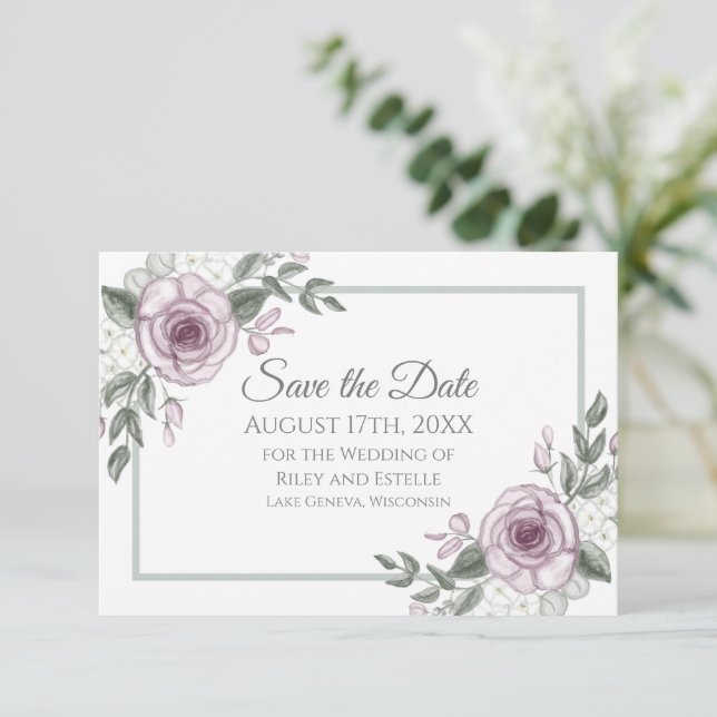 Cartão RSVP Rosas Mauve Elegant Floral Wedding Salvar Data (Em pé/Frente)
