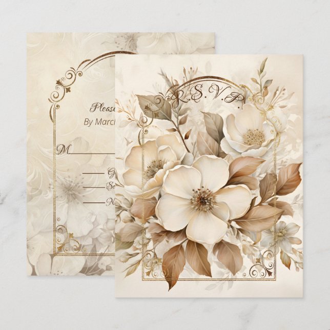 Cartão RSVP Rosas Monocromáticas Marrons e Brancas Moldura Dou (Frente/Verso)