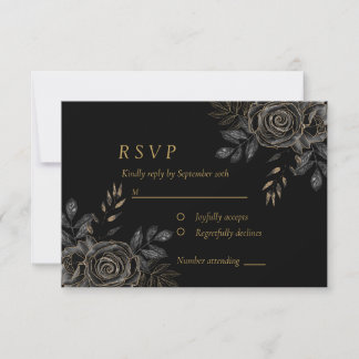 Cartão RSVP Rosas Pretas e Douradas Caixão Gótico Elegante